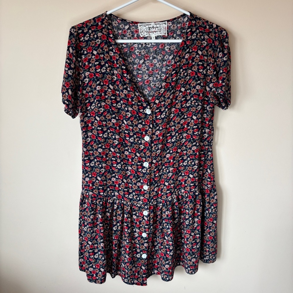 Pink Martini Floral Mini Dress Buttons down front Tomato Girl Cottagecore